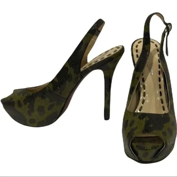 Enzo Angiolini Green And Black Leopard Print Platform Slingback Heels Size 7.5 - Picture 2 of 7